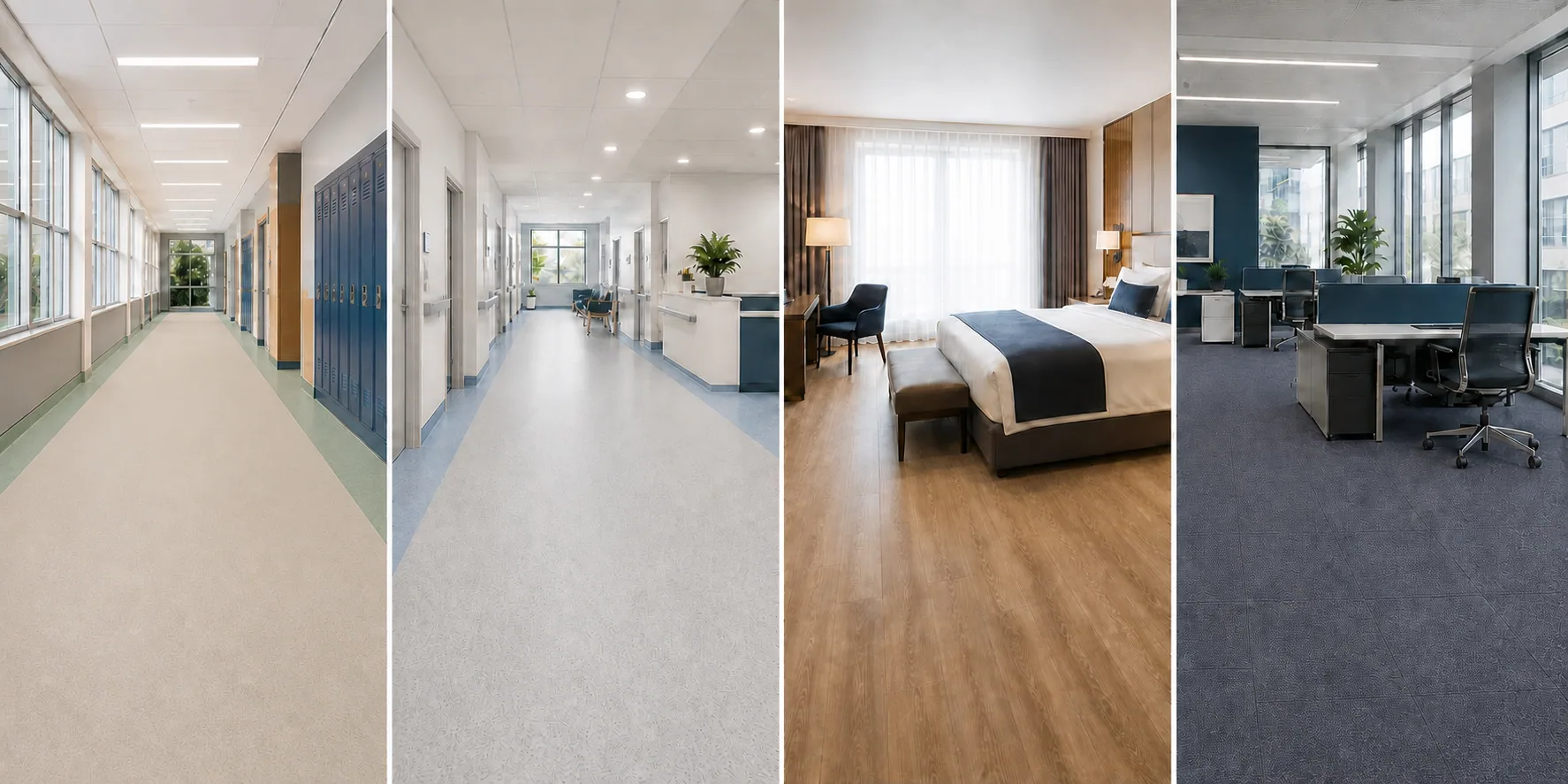 PVC flooring applications in school, hospital, hotel and office