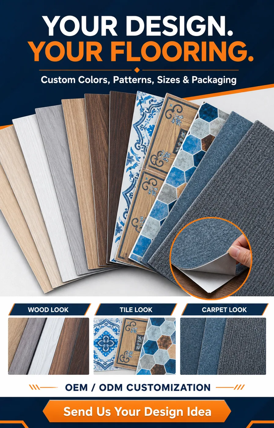 PVC flooring styles including wood, tile and carpet looks