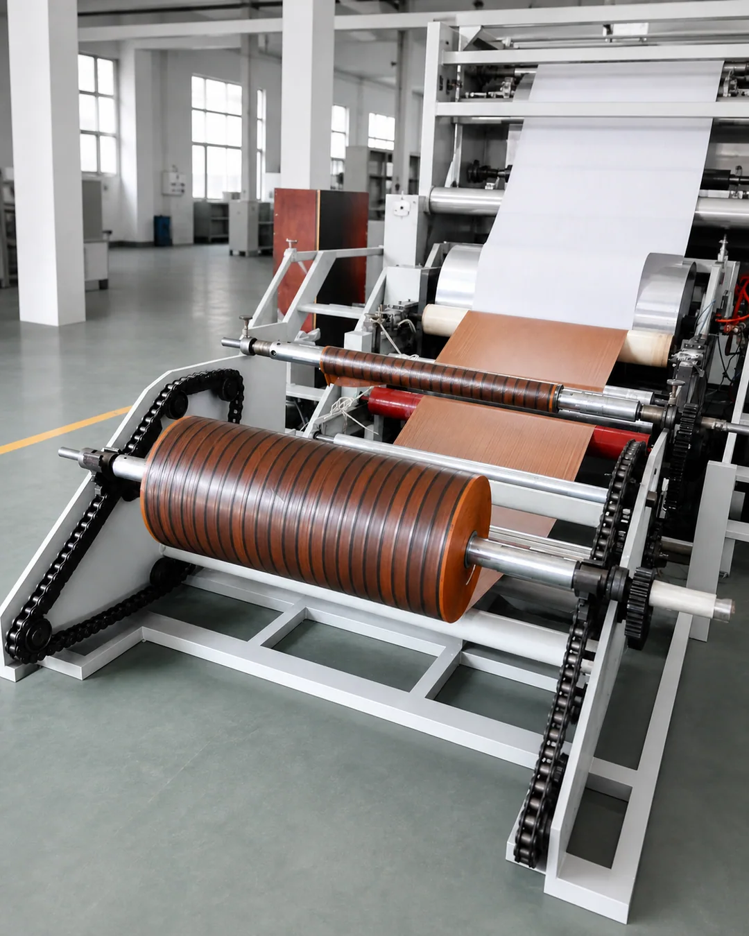 Clean PVC flooring production machine in a bright workshop