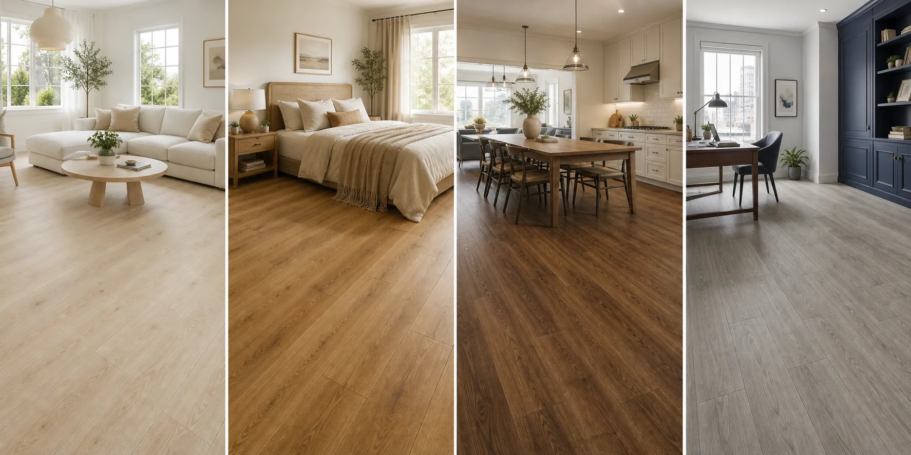 Four home interiors with pale oak, natural oak, walnut and grey wood-look PVC flooring